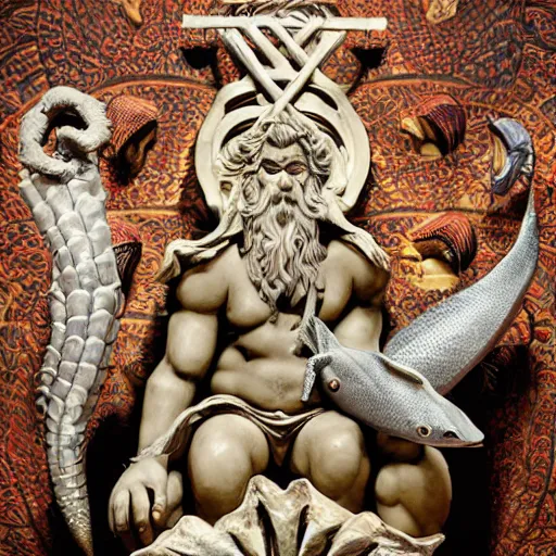 Image similar to The sculpture shows a mythological scene. A large, bearded man is shown seated on a throne, surrounded by sea creatures. He has a trident in one hand and a shield in the other. Behind him is a large fish, and in front of him are two smaller creatures. by Casey Weldon rich details, tumultuous
