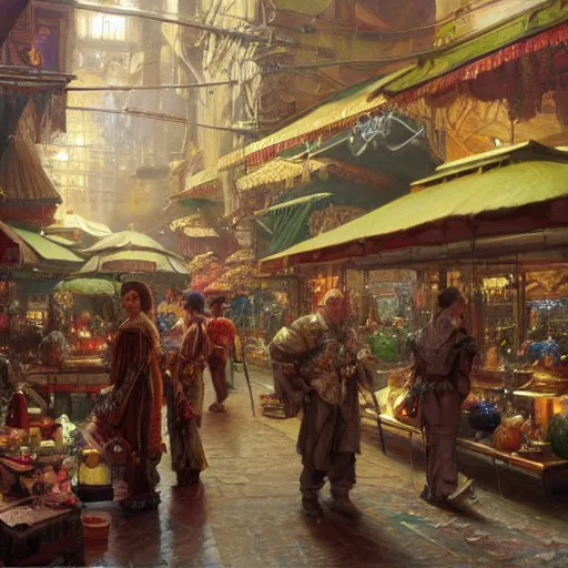 Image similar to The great Bazaar, fantasy art by Donato Giancola, Craig Mullins, digital art, trending on artstation