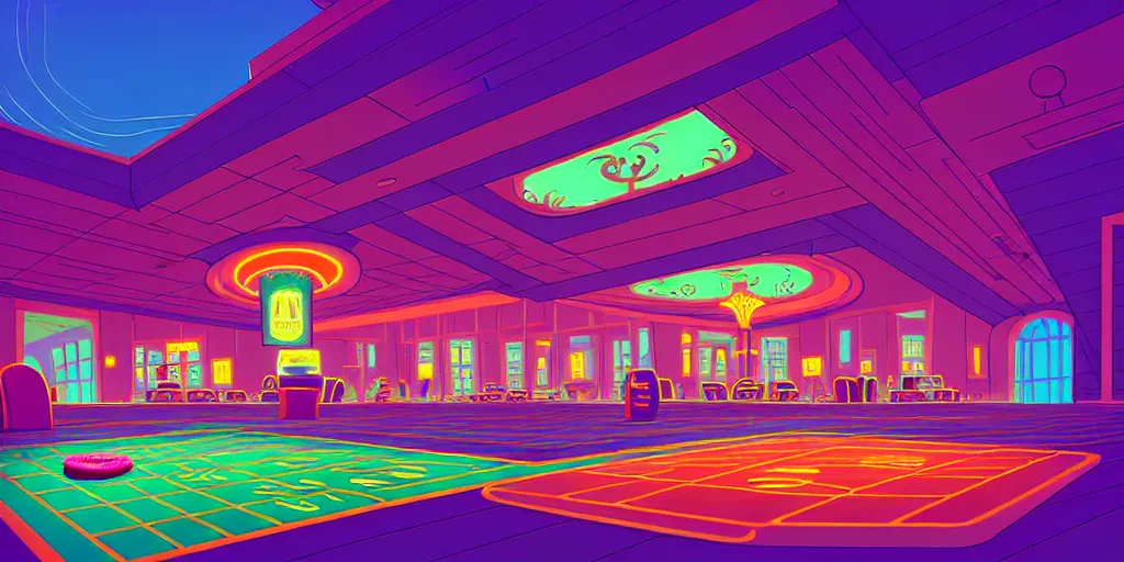 Image similar to curly perspective digital art of minimalistic indoor top floor of a casino with a view to the ground floor by anton fadeev from ( nightmare before christmas )!!!!!!!!!!