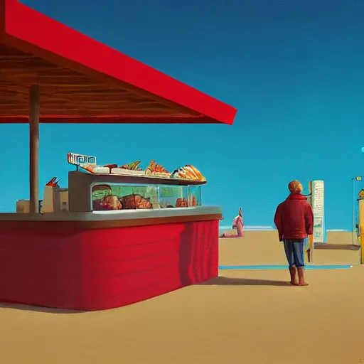 Image similar to fast food counter by the beach by simon stalenhag