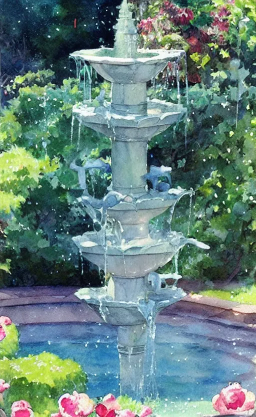 Image similar to concept art of a magical fountain in a garden, pinterest, artstation trending, behance, watercolor, by coby whitmore, silver, laser light,