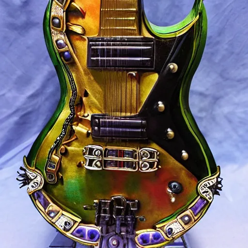 Prompt: photo of a steampunk electric guitar with ornaments and gems, ultra realistic, mucha, art deco