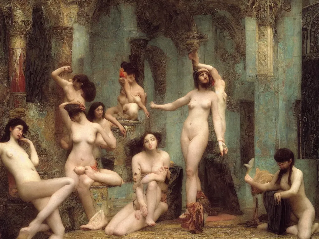 Prompt: felicia day in a turkish bath, painted by jean - leon gerome, by gustave moreau, by william - adolphe bouguereau. exquisite detail and color. volumetric lighting, soft lighting. 8 k resolution