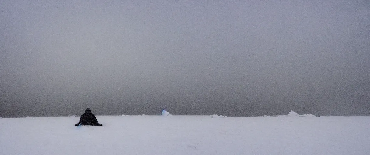 Prompt: a high quality color closeup hd 4 k film 3 5 mm photograph of very heavy snow storm blizzard in desolate antarctica, the faint barely visible silhouette of a bulky man is inside the blizzard