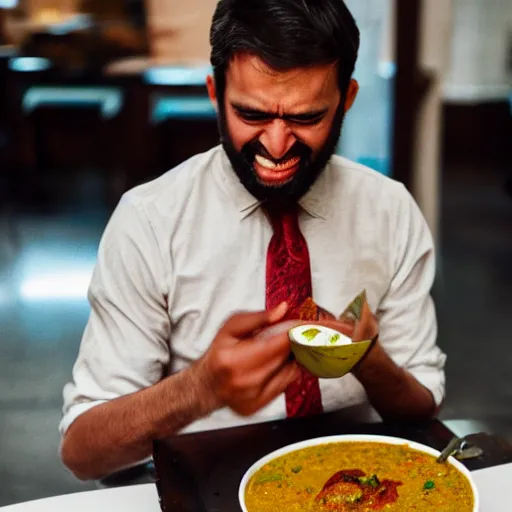 Image similar to photo of a man ecstatically eating a bowl of indian curry. weeping with joy, hands raised