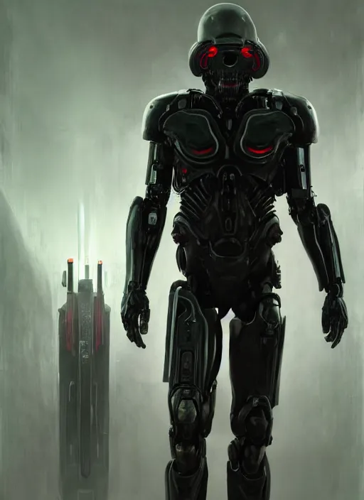 Image similar to keanu reeves as victor stone, full body concept, cyborg, borg, strogg, face of a man, terminator, flesh, quake strogg, doom demon, wolfenstein, monstrous, powerful, symmetry, symmetrical, concept art by ruan jia and greg rutkowski