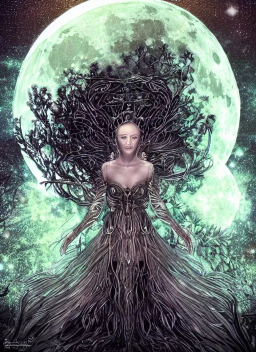 Image similar to glowing silver and golden elements, full close-up portrait, A beautiful dark witch in front of the full big moon, book cover, green forest, red white black colors, establishing shot, extremly high detail, foto realistic, cinematic lighting, pen and ink, intricate line drawings, by Yoshitaka Amano, Ruan Jia, Kentaro Miura, Artgerm, post processed, concept art, artstation, matte painting, style by eddie, raphael lacoste, alex ross