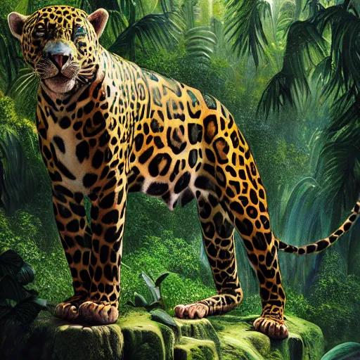 Image similar to jungle jaguar, hyperrealistic oil painting, super detailed, colorized, 4k, trending on Artstation, D&D, fantasy, raytracing, award winning, art by James C Christensen and Michael Hutter, spectacular lighting, octane rendered
