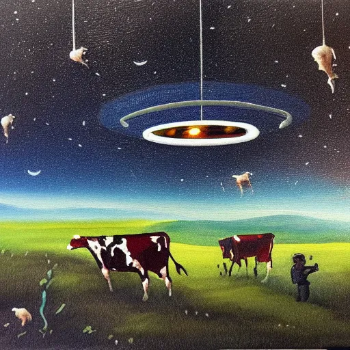 Image similar to a ufo stealing cows, painting