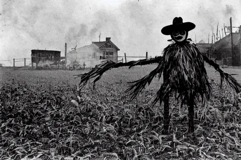 Prompt: horrifying scarecrow from the early 1 9 0 0's burning down the cornfields