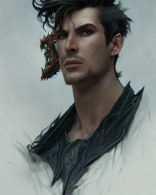 Prompt: '' Face portrait of a handsome half-dragon with a black leather coat, short hair , fantasy, d&d, high detail, digital painting, artstation, concept art, sharp focus, illustration, art by greg rutkowski and alphonse mucha ''