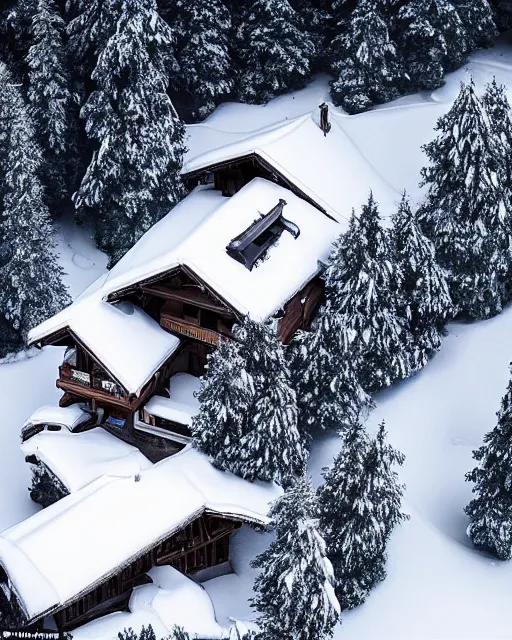 Prompt: hidden mansion in the alps with snow covered roof that was recently set on fire, zoomed out, shot from drone, iphone capture