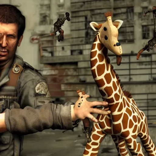 Prompt: a cute stuffed giraffe fighting zombies in resident evil, realistic, hyper detailed
