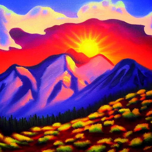 Prompt: beautiful mountain and a rising sun oil painting by spencergore