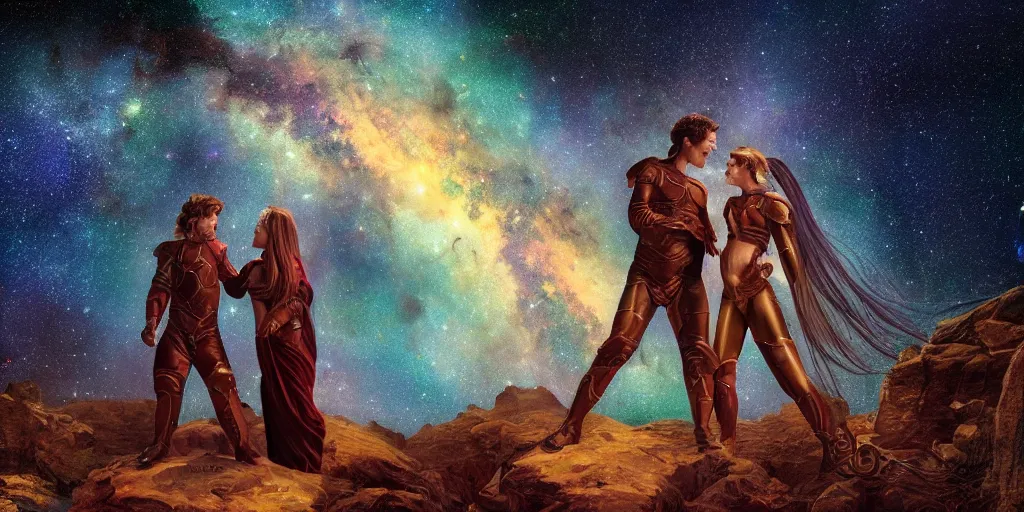 Image similar to Andromeda Milky Way Platonic love story by Jeff Easley cinematic, coherent, realistic faces, clear, detailed, intricate, dramatic lighting, establishing shot, 8k resolution