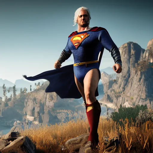 Image similar to Adam Sanders as medieval Superman, Witcher 3 style, unreal engine, cinematic, game, screen capture, hyper realistic, details, ray tracting, rtx, 4k