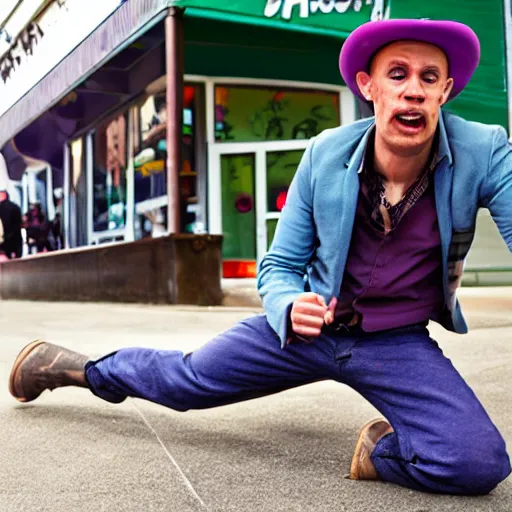 Image similar to breakdancing snake oil salesman, purple green cowboy b-boy, wildystyle