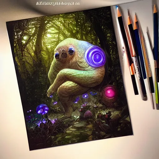 Image similar to ultra realistic illustration of magical tardigrade, forest, fantasy, colorful lights, intricate, elegant, highly detailed, digital painting, artstation, concept art, smooth, sharp focus, illustration, art by artgerm and greg rutkowski and alphonse mucha