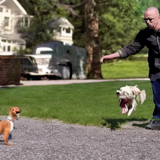 Image similar to walter white playing fetch with sheldon cooper