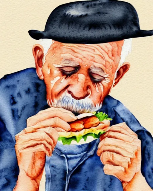 Image similar to watercolor picture of an old man eating hamburger, low key