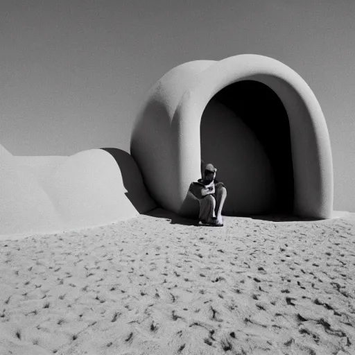 Prompt: a man in neon colored clothing standing outside a Non-Euclidean orb-like clay house sitting in the desert, vintage photo, beautiful cinematography, blue sky, film grain, James Turrell