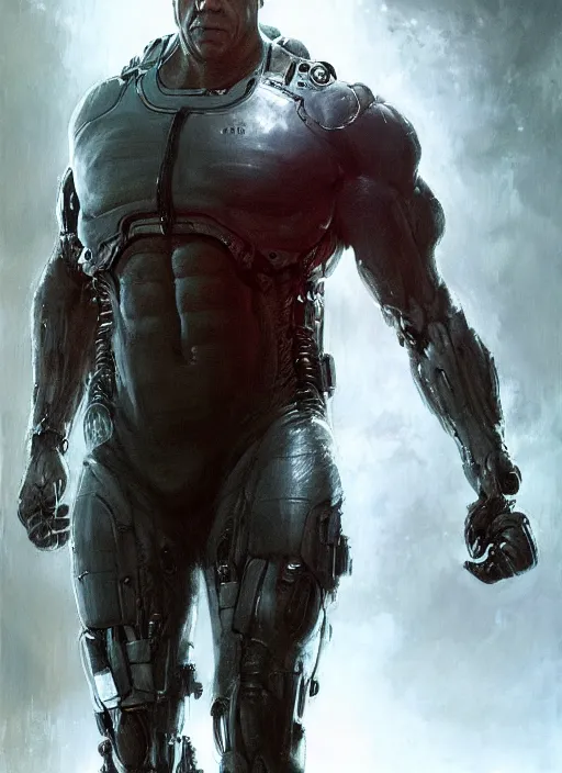 Image similar to vin diesel as victor stone, full body concept, cyborg, borg, strogg, face of a man, terminator, flesh, quake strogg, doom demon, wolfenstein, monstrous, powerful, symmetry, symmetrical, concept art by ruan jia and greg rutkowski