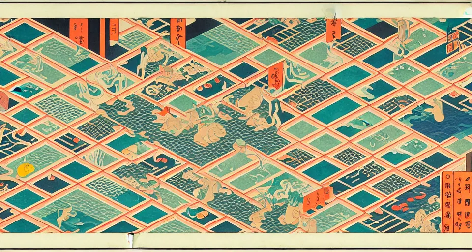 Prompt: isometric urban dashboard with time series charts, pie plots and other modern graphics, with small creatures swimming on it. monografia by diego rivera ( ukiyo - e influence )