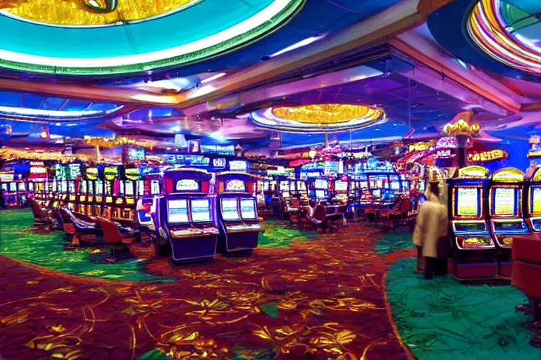 Image similar to A casino interior in the Philippines, 90s anime, wide shot