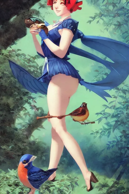 Prompt: anime pinup girl, shes holding an indigo bunting, bird, the bird is wearing a bowtie, by greg rutkowski, rossdraws, gil elvgren, enoch bolles, anime, porcelain skin, very coherent
