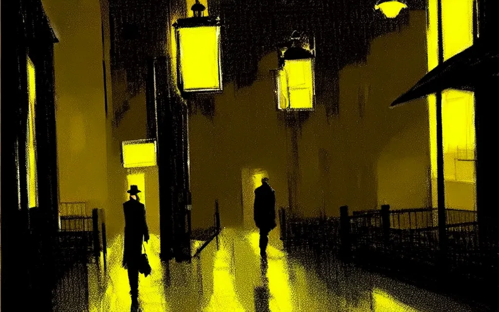 Image similar to !dream concept art, dark wet london alley at night, by ashley wood, by roger deakins, in the style of syd mead atmospheric