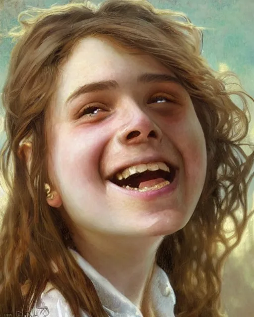 Image similar to close up portrait of 1 5 - year - old girl, smile with large front teeth, hermione granger, very bushy brown hair, and very bright brown eyes, wearing white shirt, hyper realistic face, beautiful eyes, close up, fantasy art, in the style of greg rutkowski, intricate, alphonse mucha, hyper detailed, smooth