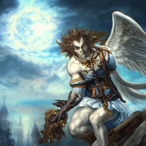 Image similar to A epic and beautiful rococo painting of a Angelic Werewolf. Castlevania style. ultra-detailed. Anime, pixiv, UHD 8K CryEngine, octane render