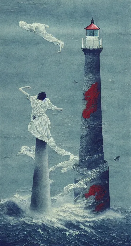 Image similar to worshippers in robes belonging to the cult of the lighthouse standing in waves, a lighthouse, high detailed beksinski painting, part by adrian ghenie and gerhard richter. art by takato yamamoto. masterpiece, deep colours, blue