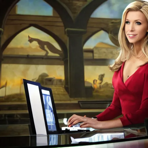 Image similar to cinematic studio photograph of a medieval era fox news anchorwoman at work, by fox news in ancient europe