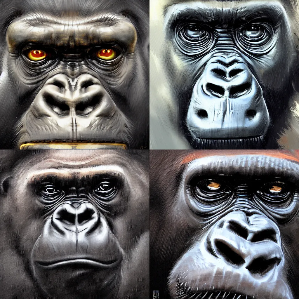Prompt: A hyperdetailed digital oil portrait painting of a gorilla in the style of Guy Denning and Ruan Jia. Trending on ArtStation and DeviantArt. Digital art.