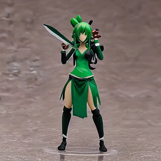 Image similar to league of legends akali as a Figma doll. Posable anime figurine. Kunai-weilding, green facemask, green outfit. PVC figure 12in.