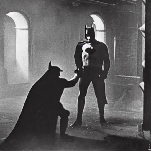 Image similar to old black and white photo, 1 9 2 5, depicting batman fighting a mafia boss in an ally of new york city, rule of thirds, historical record