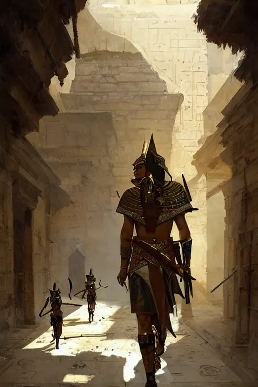 Prompt: a fantasy concept artwork depicting an armored ancient egyptian palace guard walking through the egyptian courtyard by anders zorn, craig mullins and greg rutkowski, beautiful cinematic light