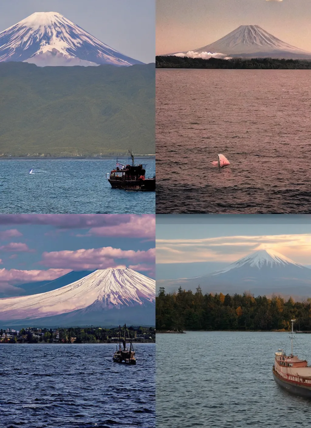 Prompt: a color photograph of a zombie ship sailing in a lake. mount fuji in the background. realistic.