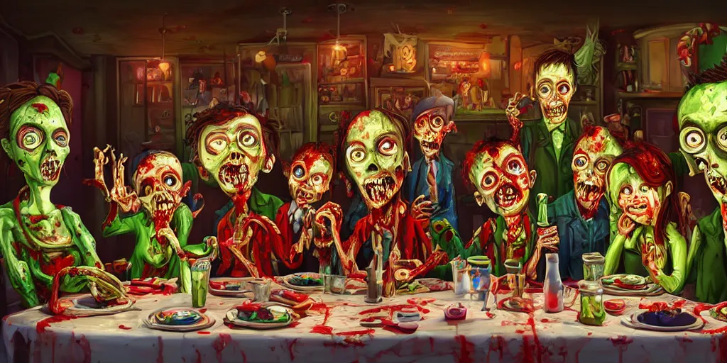 Image similar to a zombie family christmas diner, vivid colors, wide angle, super highly detailed, professional digital painting, artstation, concept art, smooth, sharp focus, no blur, no dof, extreme illustration, unreal engine 5, photorealism, hd quality, 8 k resolution, cinema 4 d, 3 d, beautiful, cinematic, art by tim burton