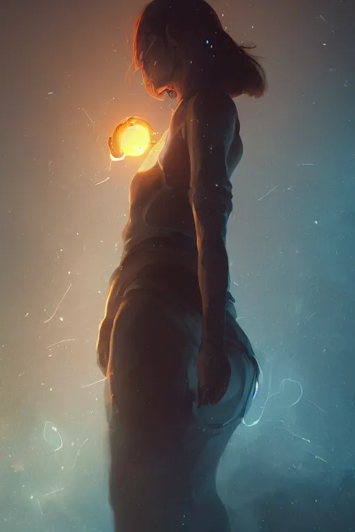 Image similar to A women with glowing elements behind by Greg Rutkowski, beeple, Sung Choi, Mitchell Mohrhauser, Maciej Kuciara, Johnson Ting, Maxim Verehin, Peter Konig, final fantasy, macro lens, 35mm, 8k photorealistic, cinematic lighting, HD, high details, dramatic, dark atmosphere, trending on artstation