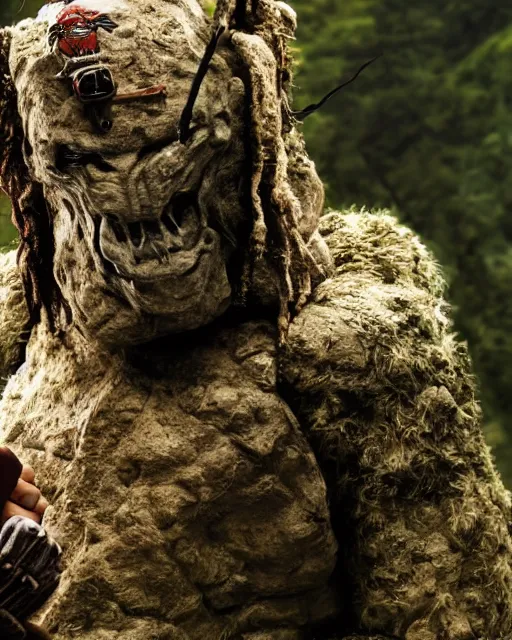 Image similar to cinematic, 4 k, full body portrait, rock golem as a soldier, on break smoking a cigarette, still from the movie predator