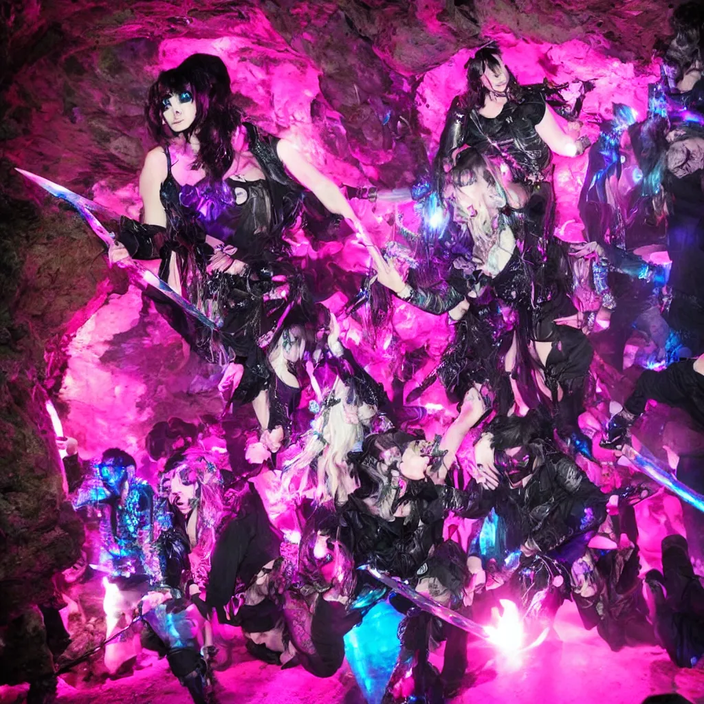 Image similar to goth disco in a cave with holographic knives!!! with pink lasers and blue crystals, brutal weapons!!! swords!!! goth people dancing, dark evil ritual, 8 k photograph