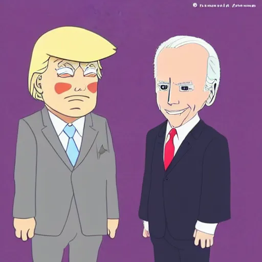 Image similar to Donald Trump and Joe Biden as studio ghibli characters by Hayao Miyazaki, pastel full color