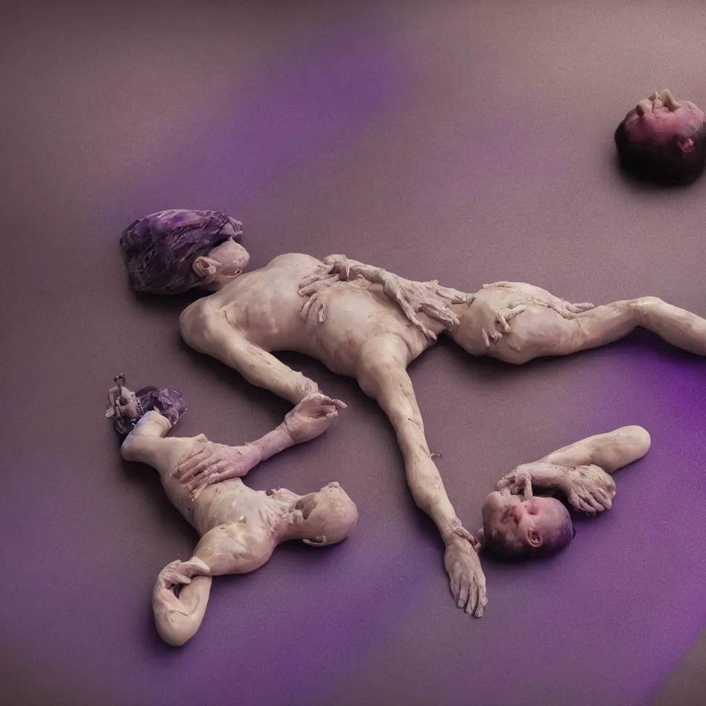 Image similar to cinestill of iridiscent oil with corpses connected by mess of ethernet cables and tubes to wax technical forms to a buried baby relaxing on yoga mat, faded, iridiscent gradient, purple fog, depth of field, blur, very detailed, by nadav kander and hans bellmer, 8 k, ultrarealistic, sad atmosphere, cinematic, 8 5 mm lens