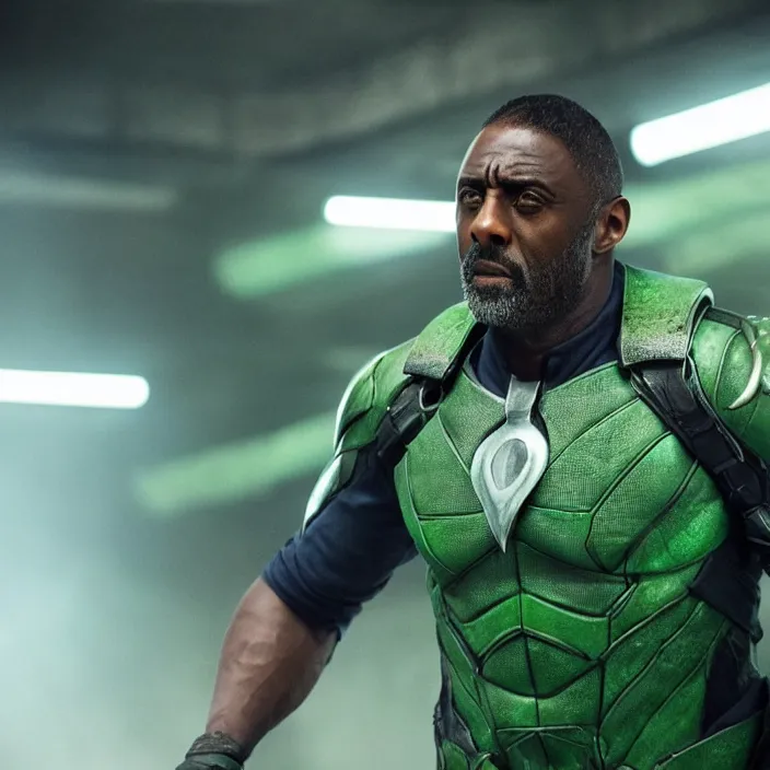 Image similar to film still of Idris Elba as Green Lanturn in new DC film, photorealistic 4k