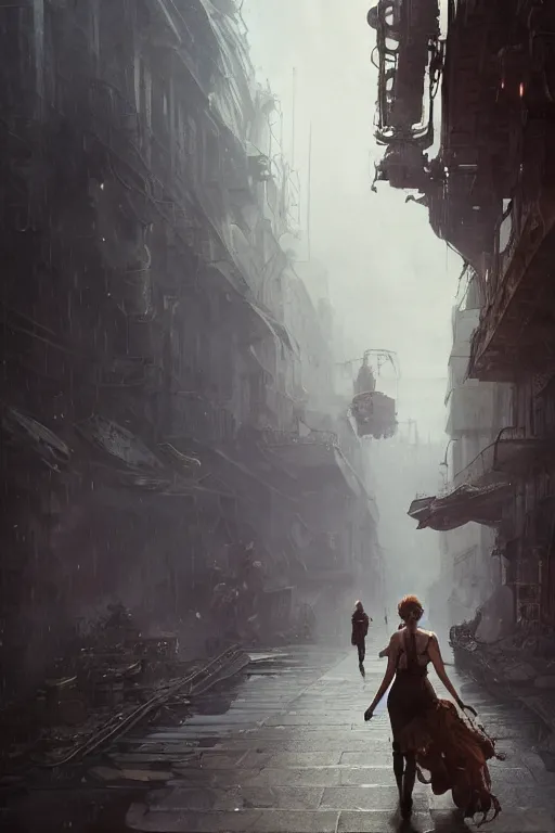 Image similar to a portrait of Jenifer Lawrence walking down the street of a steampunk city by Greg Rutkowski, Sung Choi, Mitchell Mohrhauser, Maciej Kuciara, Johnson Ting, Maxim Verehin, Peter Konig, final fantasy , mythical, 8k photorealistic, cinematic lighting, HD, high details, atmospheric,