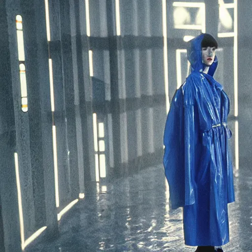 Prompt: cinematic portrait of a runaway replicant with tribal facepaint and a blue transparent plastic raincoat in an empty room, still from the movie bladerunner, fashion photography