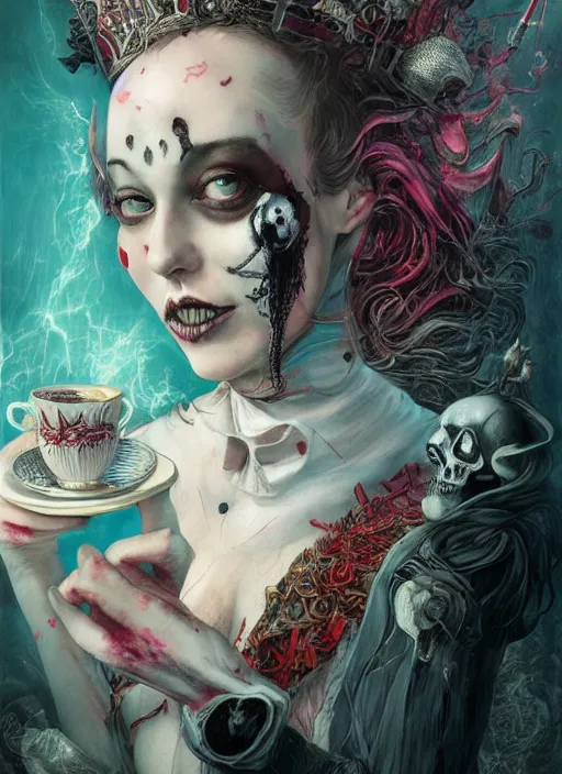 Image similar to Queen of Hearts drinking tea with Alice in wonderland,death tarot card,highly detailed,half skull face,cinematic,8k,by Stanley Artgermm,Tom Bagshaw,Greg Rutkowski,Carne Griffiths, Ayami Kojima, Beksinski, Giger,trending on DeviantArt,hyper detailed,horror, full of colour