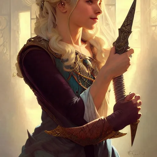 Image similar to an epic fantasy comic book style portrait painting of a young blonde girl thief, d & d, fantasy, joyful smirk, intricate, elegant, highly detailed, digital painting, artstation, concept art, matte, sharp focus, illustration, art by artgerm and greg rutkowski and alphonse mucha